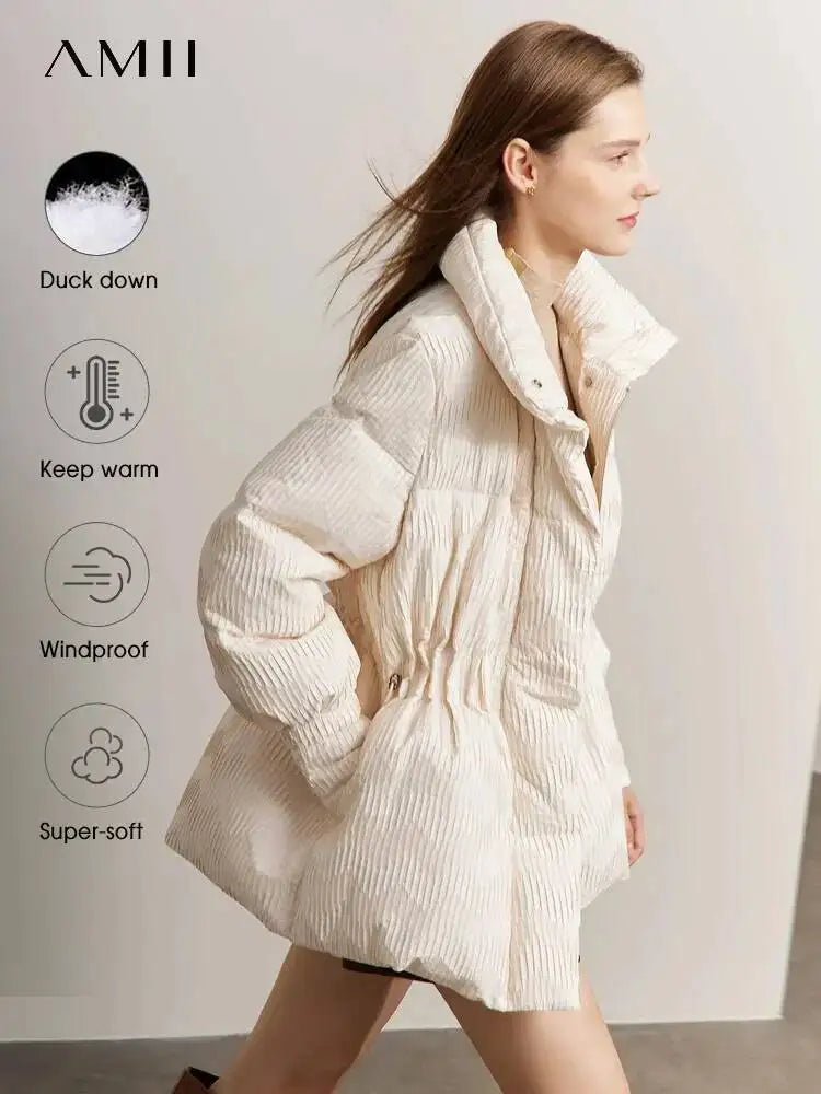 AMII Minimalist Duck Down Puffer Coat Women Winter 2025 Lightweight Stand Collar Lapel Warm Outerwear New Jackets 12344052