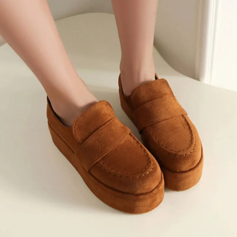 2025 Leisure Women Pumps Flock Suede Round Toe Thick Heels 5cm Platform Hill Plus Size 43 44 45 Slip on Daily Shoes