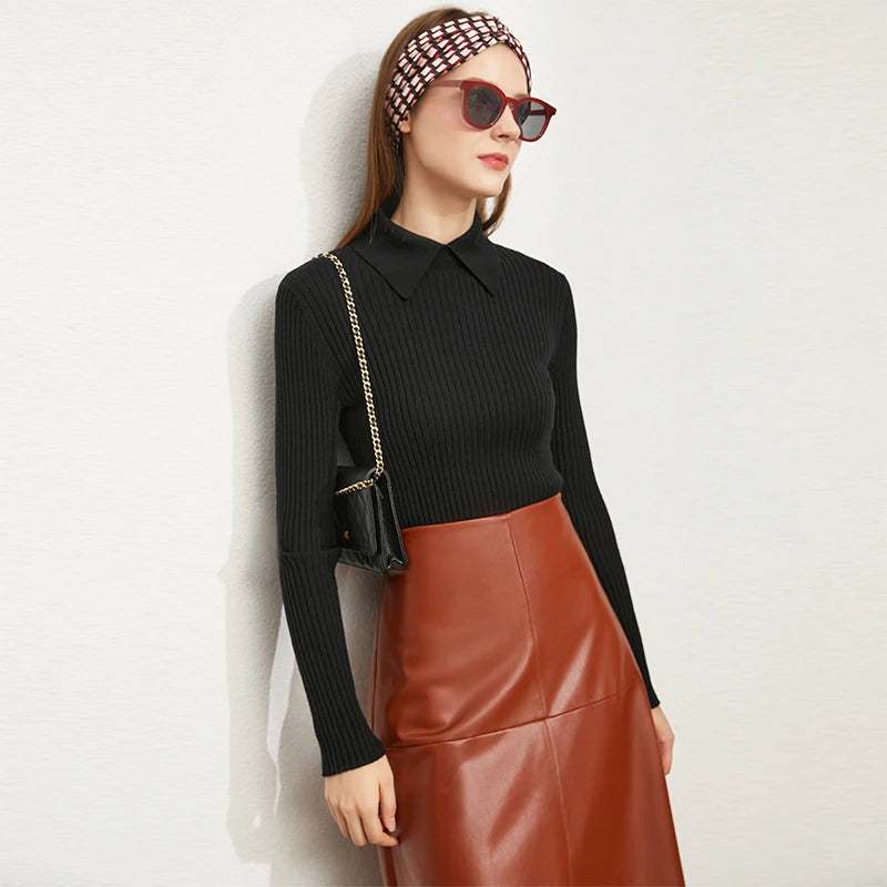 Amii Minimalism Women's Sweaters Fashion Polo Collar Wool Pullover Long Sleeve Knitted Tops Office Lady Spring Sweater 12130297