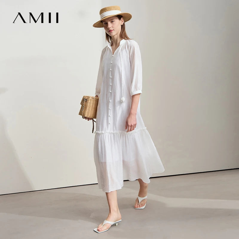 AMII Minimalist Office Lady Dress for Women 2025 Summer New Short Sleeve V-neck Solid Wrinkled Texture Dresses Female 12542105