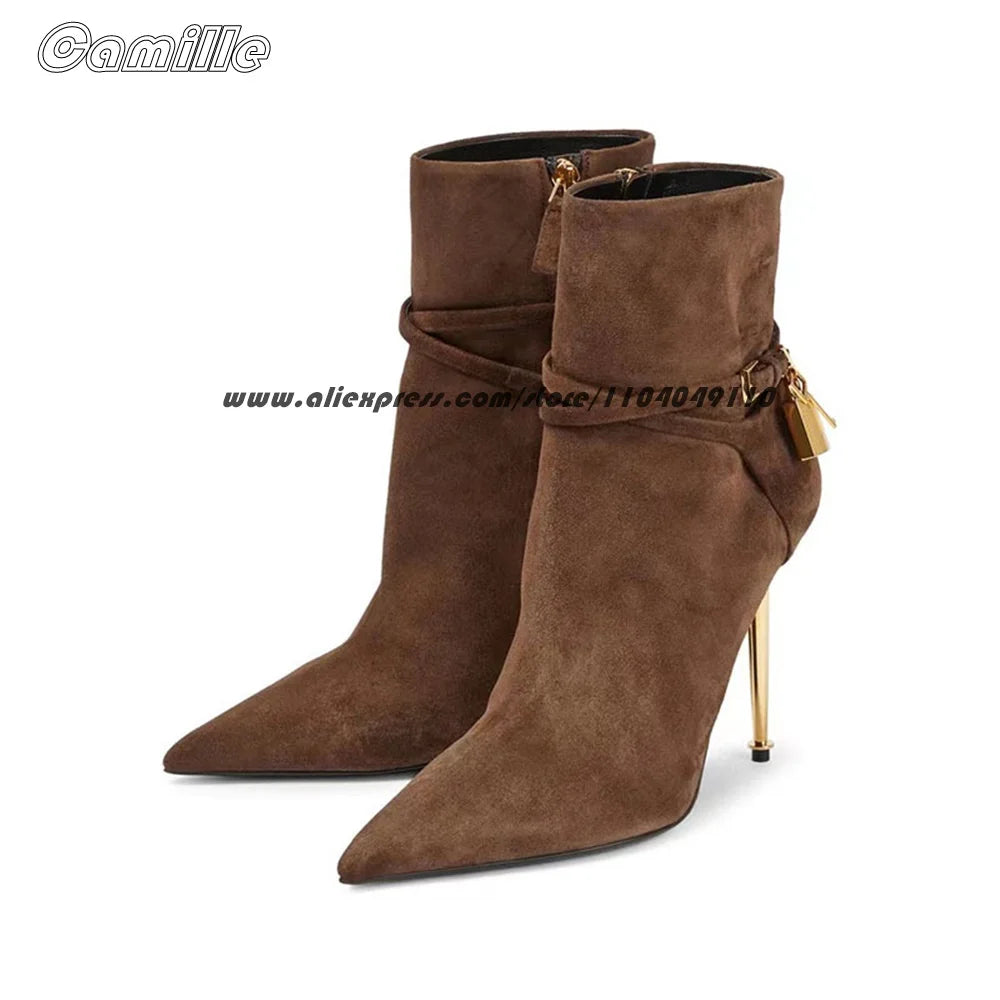 Black Metal Heel With Lock Office Lady High Heel Boots Pointed Toe Sexy Ankle Boots Size 35-43 Side Zipper All-Match Lady Boots