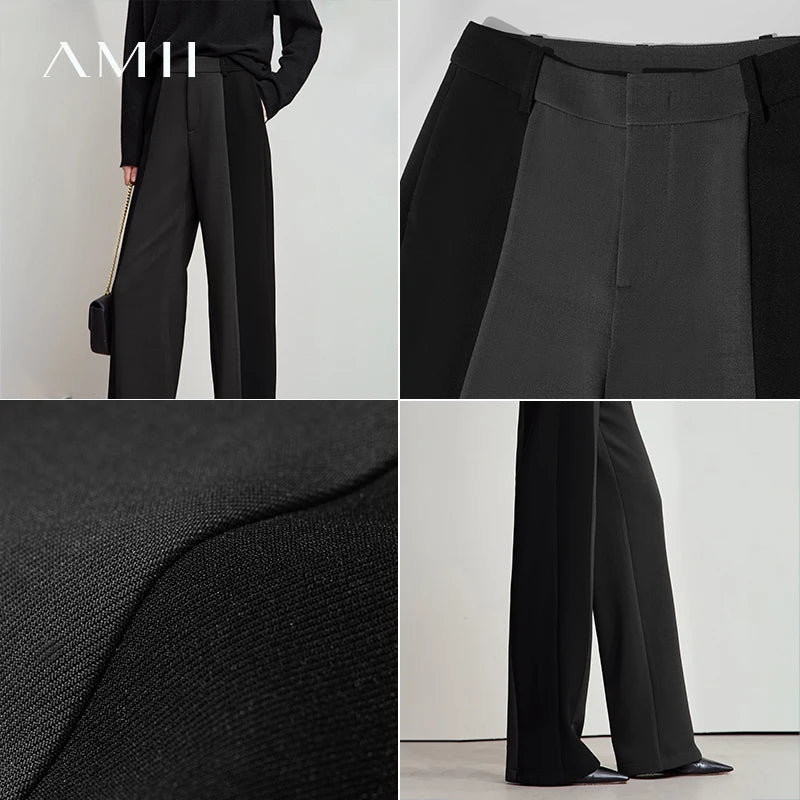 AMII 2025 New Arrival Elegant Office Lady Pants Minimalist Easy-care Anti-wrinkle Casual Simple Color Blocking Trouser 12543101