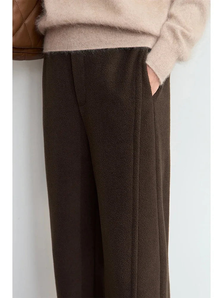 AMII Minimalist False Placket Rear Rubber Band Waist Casual Trousers 2024 Winter Women's Suede Wide-leg Trousers Pants 12444074