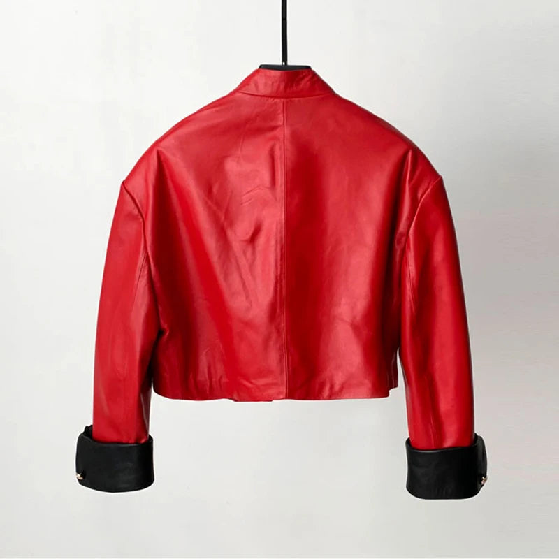 Fashion Short Stand Collar Sheepskin Jacket 2025 Fall Women Cuff Stitching Color Single Breasted Real Leather Coats Streetwear