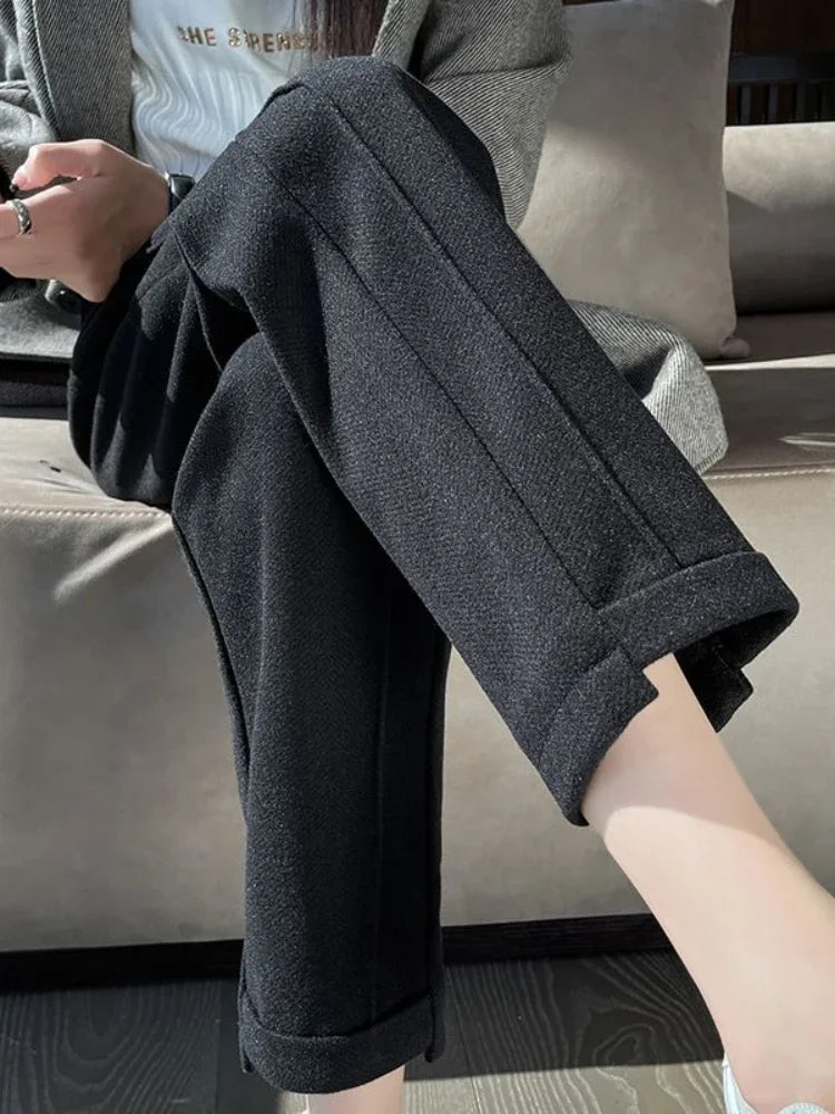 High-waisted Tweed Straight Pants 2025 Autumn/Winter New Women' S Pants Loose Casual Herringbone Warm Thickened Cropped Pants