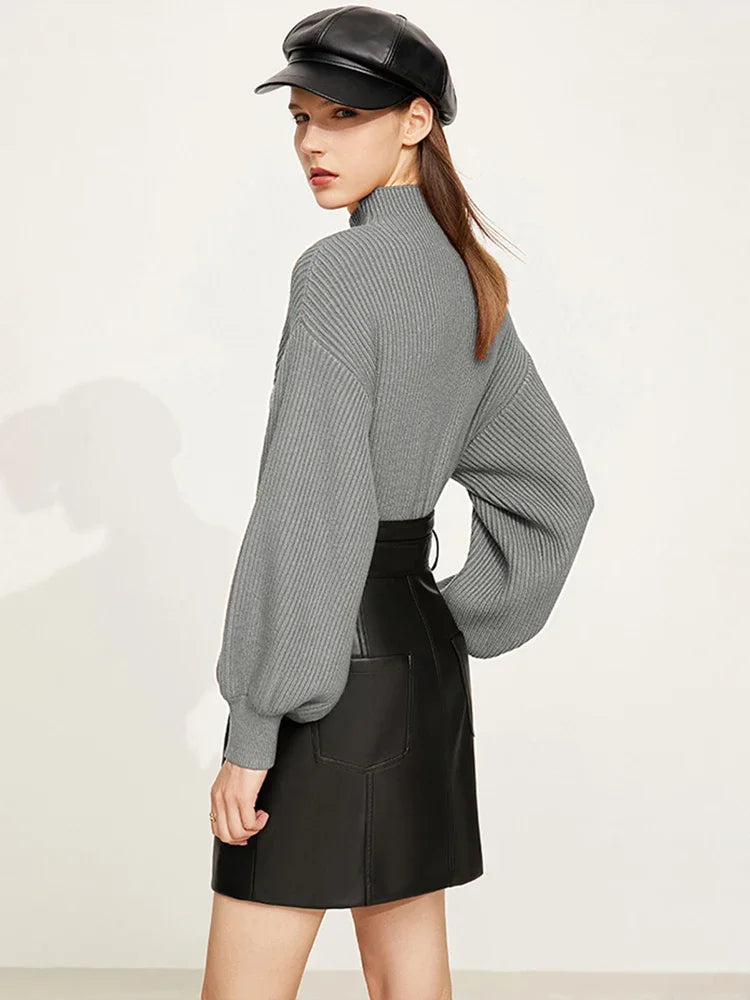 AMII Minimalism Sweaters Women 2025 Winter New Fashion Solid Casual Mock Neck Loose Lantern Sleeve Pullover Knitted Top 12241241