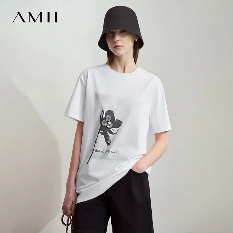 Amii Women's T-Shirt Minimalist New O-Neck Drop Shoulder Short Sleeve Rose Silhouette Print Sequin Embellishment Top 12512002