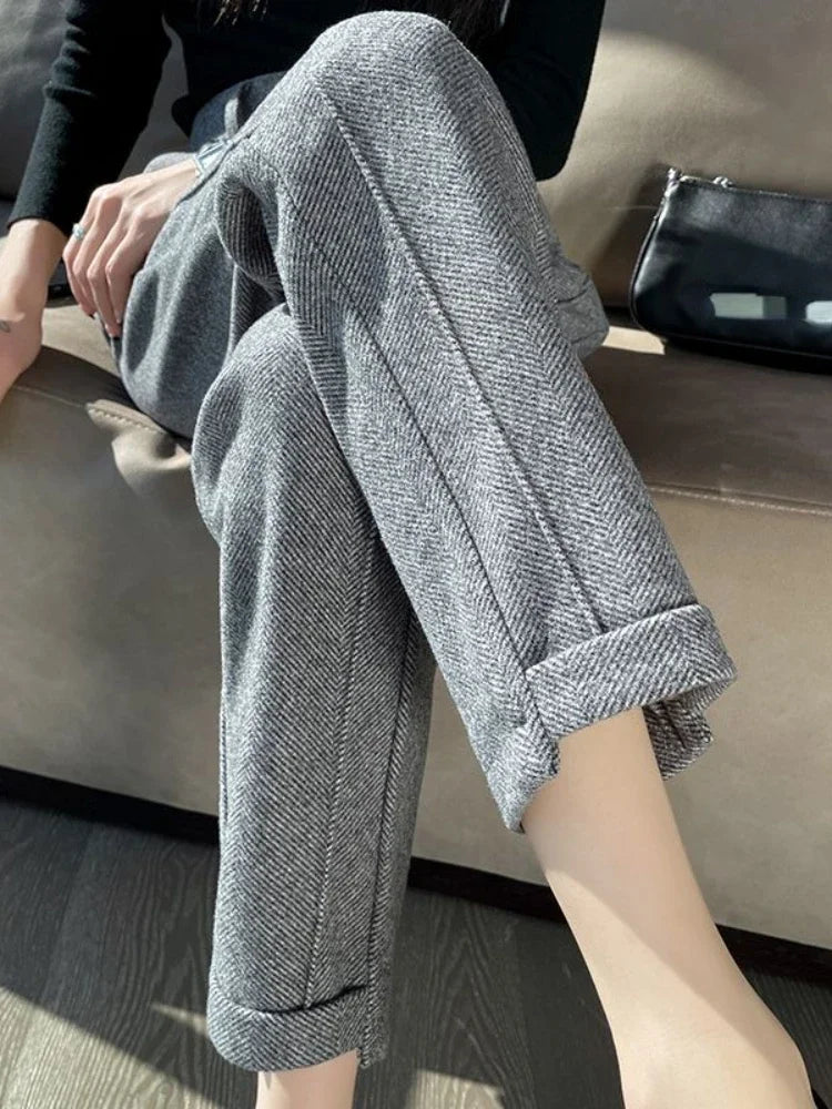 High-waisted Tweed Straight Pants 2025 Autumn/Winter New Women' S Pants Loose Casual Herringbone Warm Thickened Cropped Pants