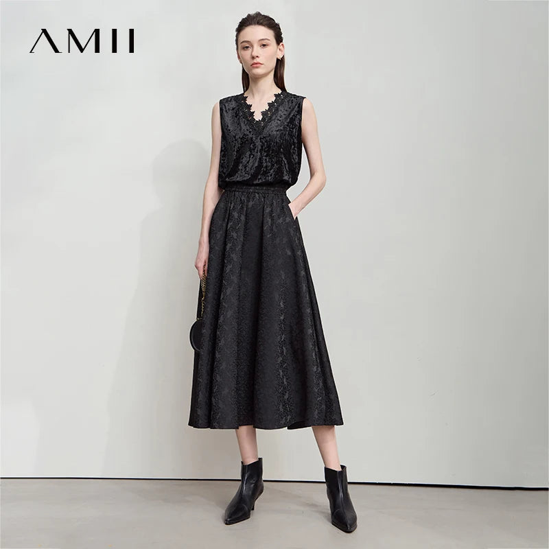 AMII Minimalism 2025 Autumn Black A-line Women Skirt Luxury Style Lace Elegant Elastic Waistband Offcial Lady Skirts 12523037