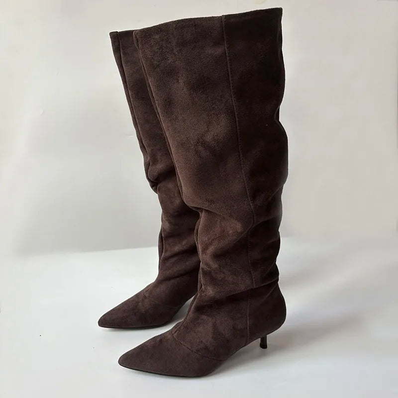 2026 New Fashion Pleated Footwear With Low Heel Shoes Women Knee High Boots Female Pointed Toe Ladies Long Booties Slip On Shoes