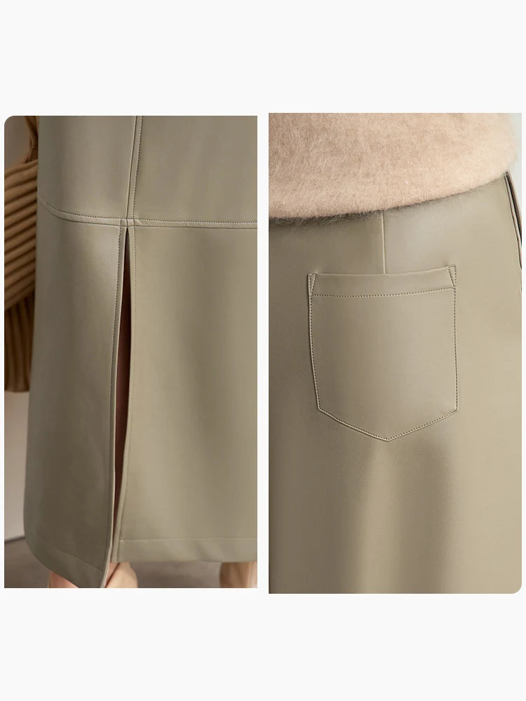 AMII Minimalist Women's Retro Leather Skirts Eco-friendly PU Split A-line Female 2024 Winter Simple Commuter Clothing 12444182
