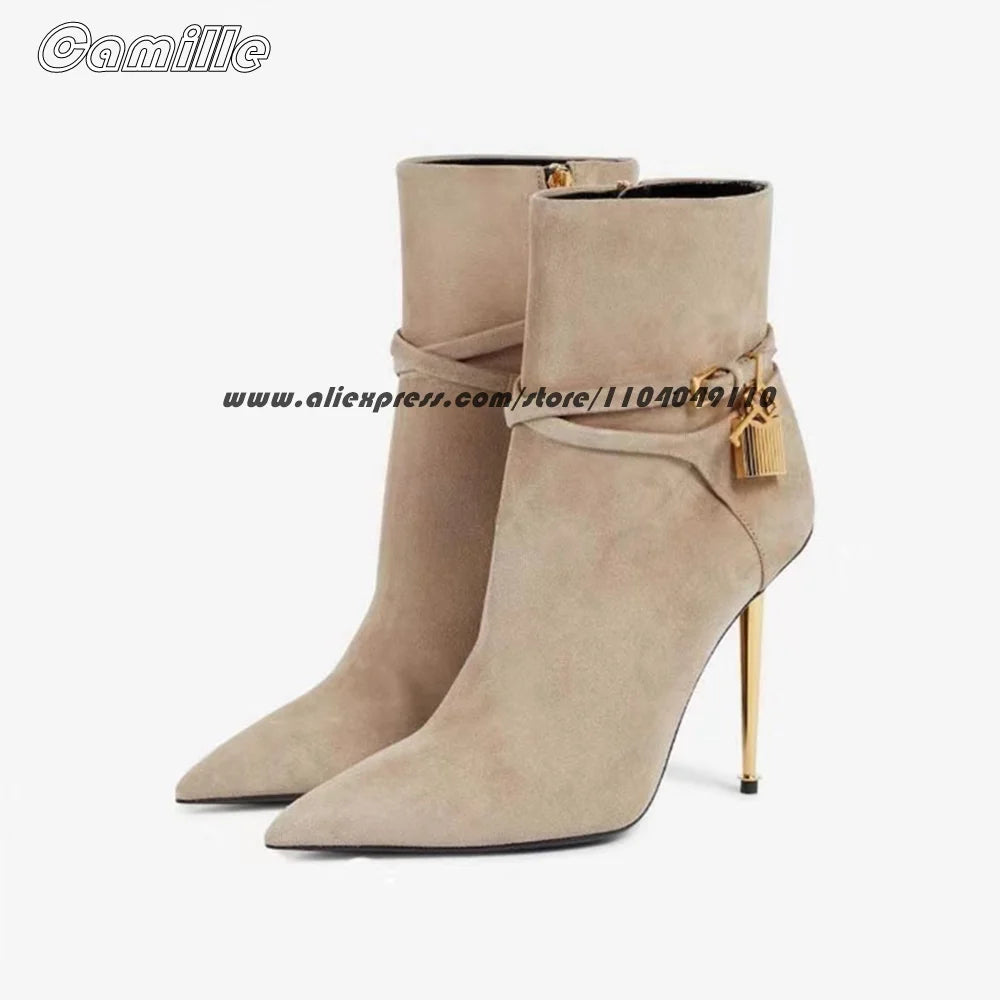 Black Metal Heel With Lock Office Lady High Heel Boots Pointed Toe Sexy Ankle Boots Size 35-43 Side Zipper All-Match Lady Boots