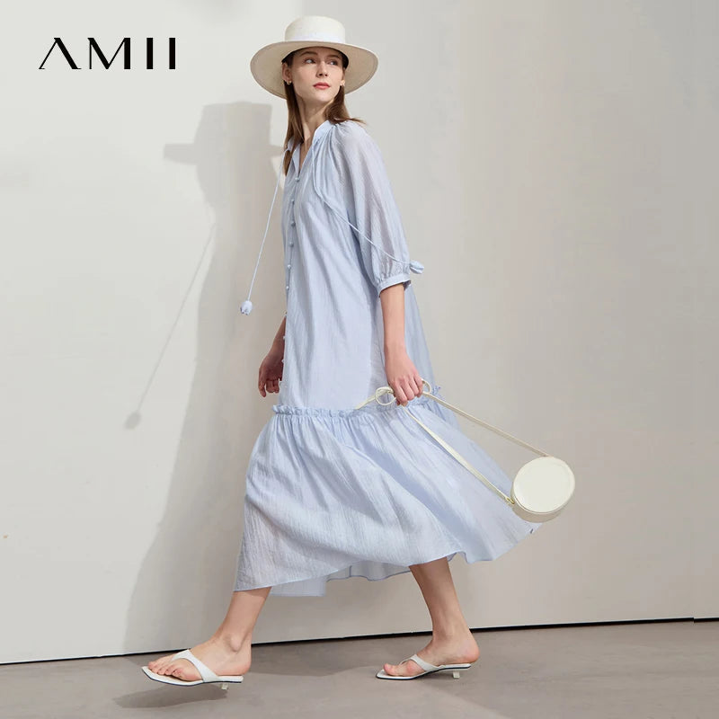 AMII Minimalist Office Lady Dress for Women 2025 Summer New Short Sleeve V-neck Solid Wrinkled Texture Dresses Female 12542105