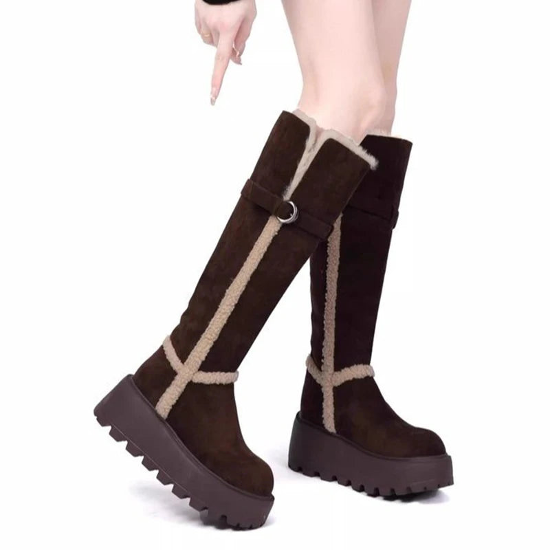 Flats Winter Platform Women Fur Snow Boots Warm Cotton Shoes 2025 Casual Plush Long Boots Sport Walking Shoes Chelsea Botas Lady