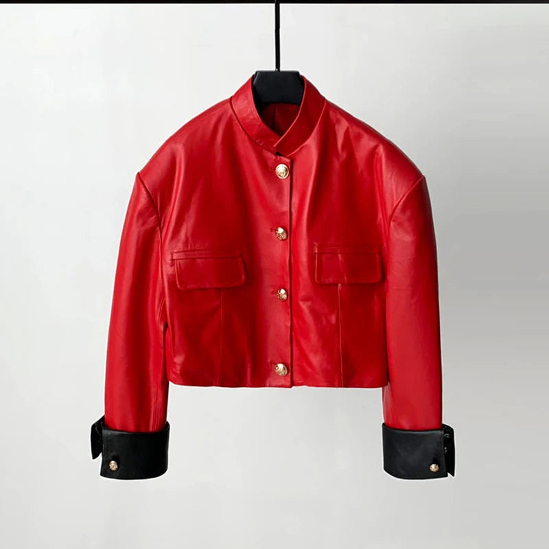 Fashion Short Stand Collar Sheepskin Jacket 2025 Fall Women Cuff Stitching Color Single Breasted Real Leather Coats Streetwear