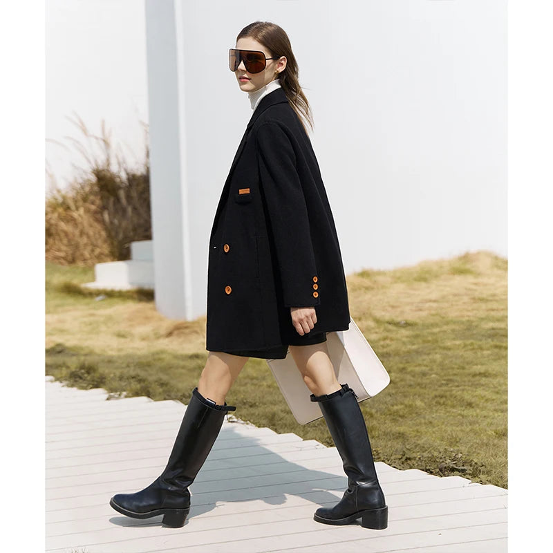 AMII Minimalist Woolen Coat for Women 2024 Winter New Mid-long Loose Office Lady Blends Turn-down Collar Casual Jackets 12324024