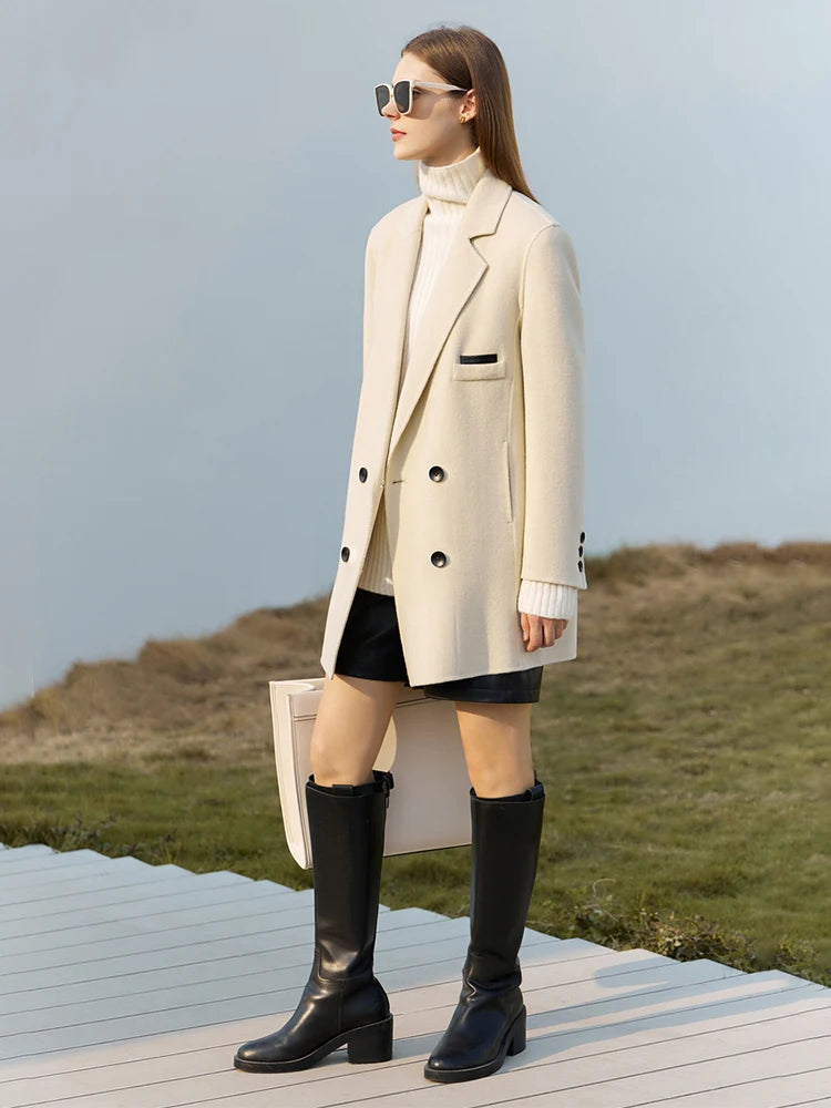 AMII Minimalist Woolen Coat for Women 2024 Winter New Mid-long Loose Office Lady Blends Turn-down Collar Casual Jackets 12324024