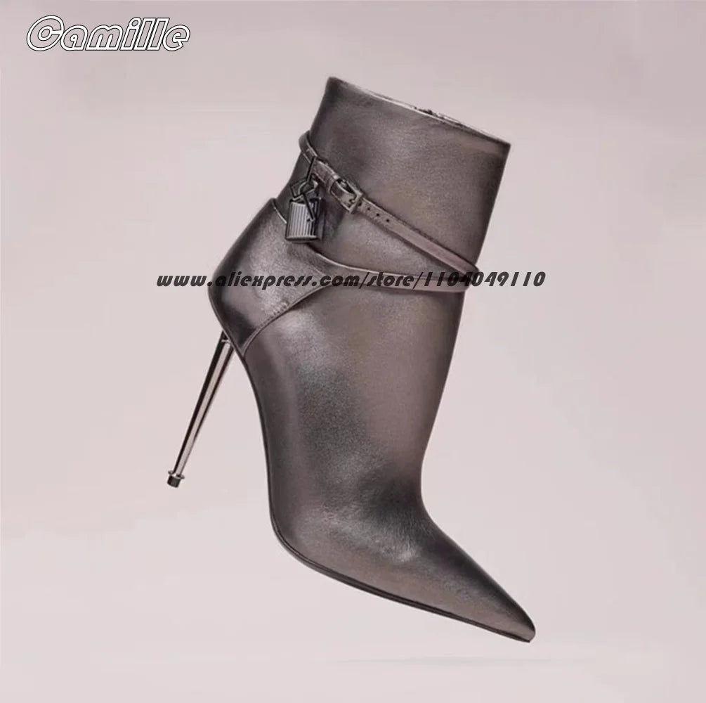 Black Metal Heel With Lock Office Lady High Heel Boots Pointed Toe Sexy Ankle Boots Size 35-43 Side Zipper All-Match Lady Boots