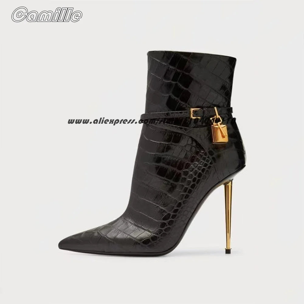 Black Metal Heel With Lock Office Lady High Heel Boots Pointed Toe Sexy Ankle Boots Size 35-43 Side Zipper All-Match Lady Boots
