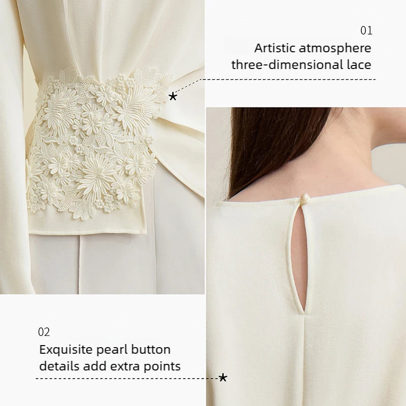 Amii Women's Blouse 2026 Spring New Elegant Commuter Crew Neck Lace Chiffon Women's Shirt Loose Versatile Elegant Top 12681001