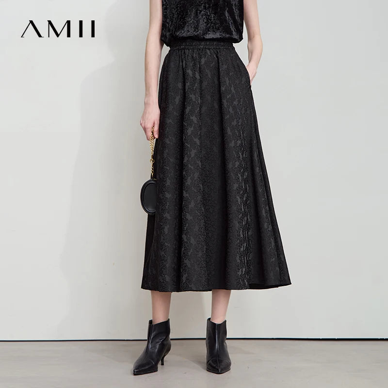 AMII Minimalism 2025 Autumn Black A-line Women Skirt Luxury Style Lace Elegant Elastic Waistband Offcial Lady Skirts 12523037