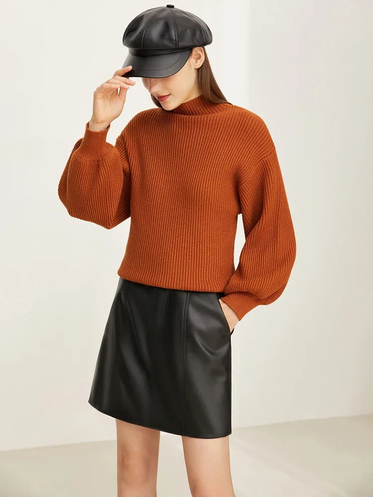 AMII Minimalism Sweaters Women 2025 Winter New Fashion Solid Casual Mock Neck Loose Lantern Sleeve Pullover Knitted Top 12241241