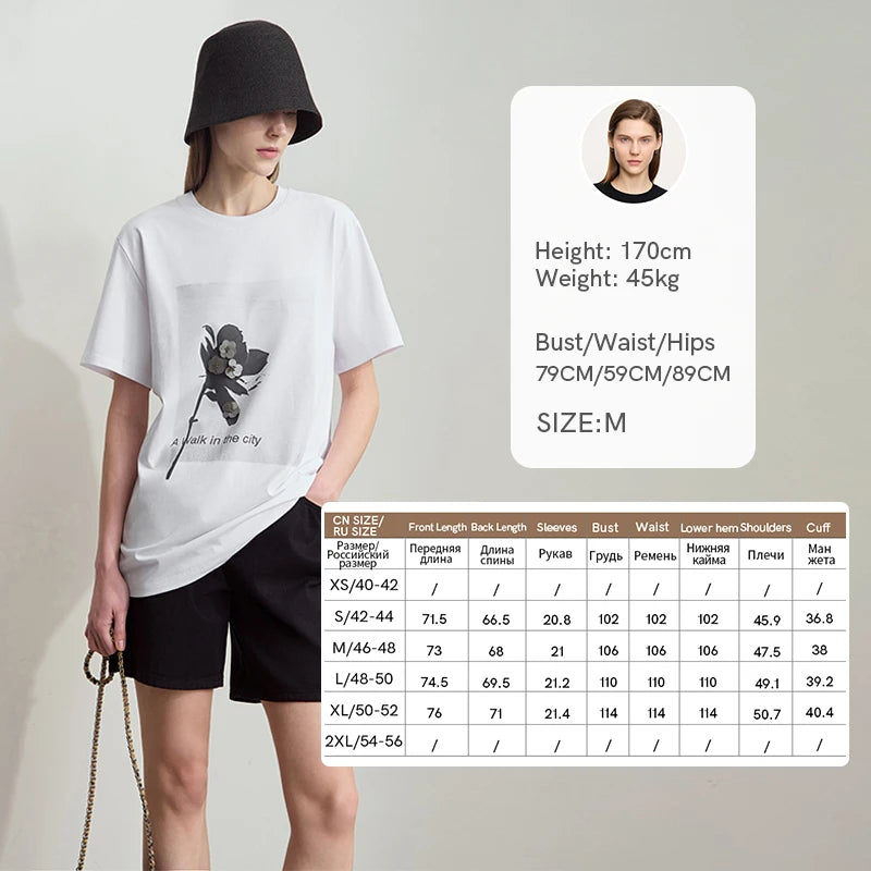 Amii Women's T-Shirt Minimalist New O-Neck Drop Shoulder Short Sleeve Rose Silhouette Print Sequin Embellishment Top 12512002