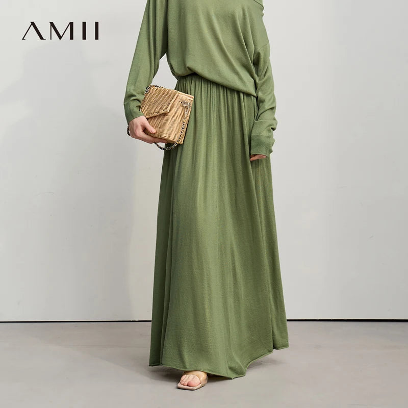 Amii Minimalist Long Skirt 2026 Spring New Solid Color Loose Skirts For Women Elastic Waist A-Line Knit Woman Clothes 12651010