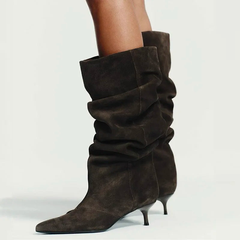 2026 New Fashion Pleated Footwear With Low Heel Shoes Women Knee High Boots Female Pointed Toe Ladies Long Booties Slip On Shoes