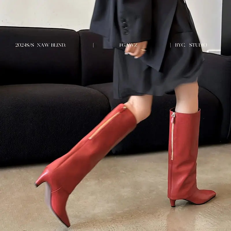 Dilalula 2026 Real Sheepskin Women Knee High Boots Fashion High Heels Street Boots Lady Autumn Winter Turned Over Edge Boots