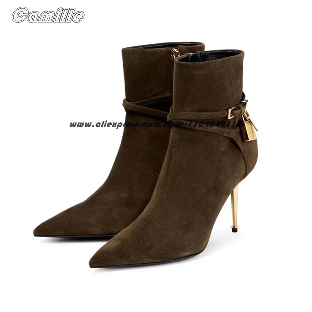 Black Metal Heel With Lock Office Lady High Heel Boots Pointed Toe Sexy Ankle Boots Size 35-43 Side Zipper All-Match Lady Boots