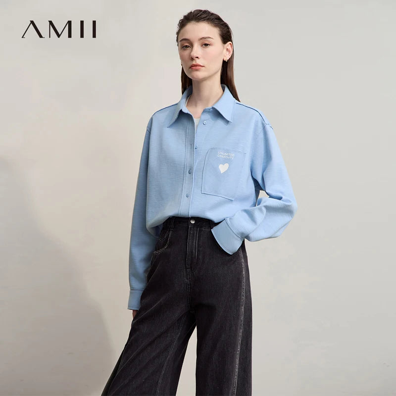 AMII Women's Shirt 2025 Autumn New Casual Printed Versatile Women's Blouse Long Sleeves Loose Knitting Cotton Top Female12543174