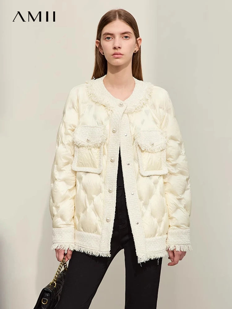 AMII Minimalist Down Puffer Coat For Women Small Fragrance Tweed Jacket 2025 Winter New Spliced Round Neck Pearl Buckle 12344059