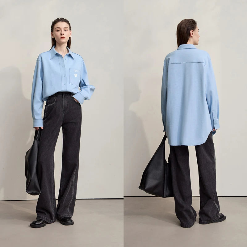 AMII Women's Shirt 2025 Autumn New Casual Printed Versatile Women's Blouse Long Sleeves Loose Knitting Cotton Top Female12543174