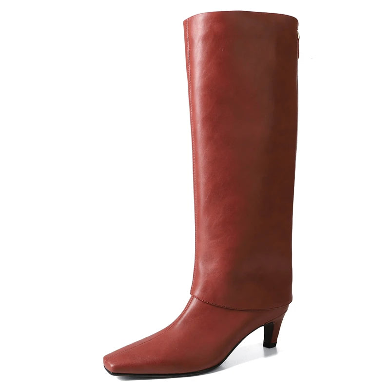 Dilalula 2026 Real Sheepskin Women Knee High Boots Fashion High Heels Street Boots Lady Autumn Winter Turned Over Edge Boots