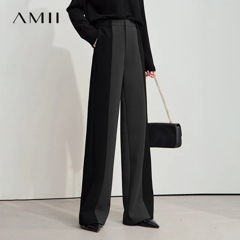 AMII 2025 New Arrival Elegant Office Lady Pants Minimalist Easy-care Anti-wrinkle Casual Simple Color Blocking Trouser 12543101
