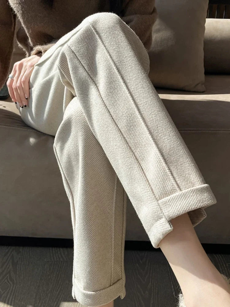 High-waisted Tweed Straight Pants 2025 Autumn/Winter New Women' S Pants Loose Casual Herringbone Warm Thickened Cropped Pants