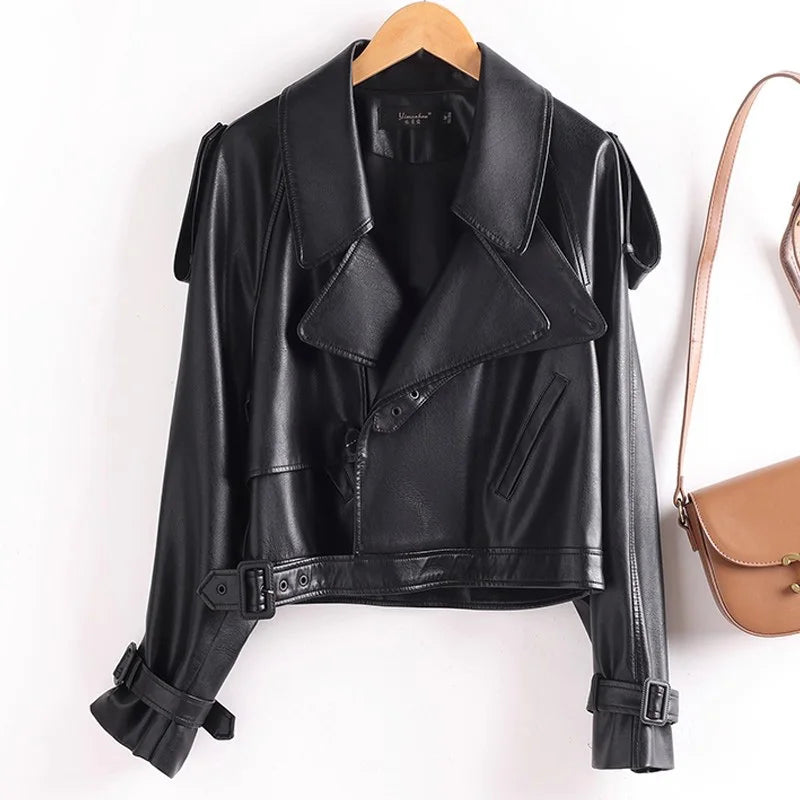 New Women Split Leather Moto Biker Jacket Spring Autumn Fashion Vintage Design Loose Short Coat Casual Leather Outerwear Female