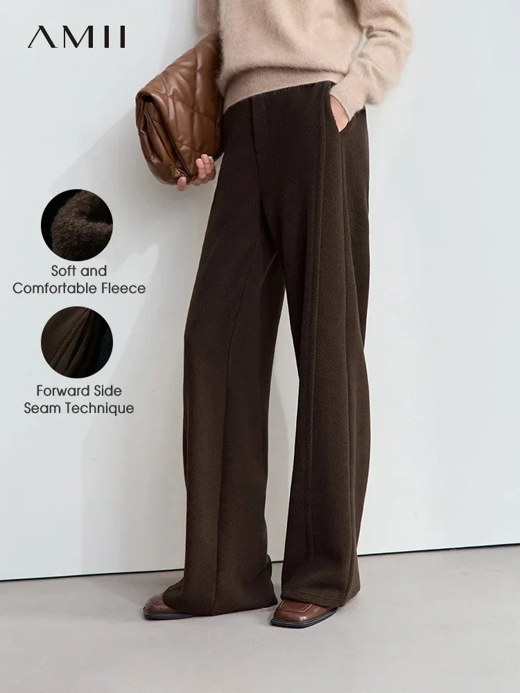 AMII Minimalist False Placket Rear Rubber Band Waist Casual Trousers 2024 Winter Women's Suede Wide-leg Trousers Pants 12444074