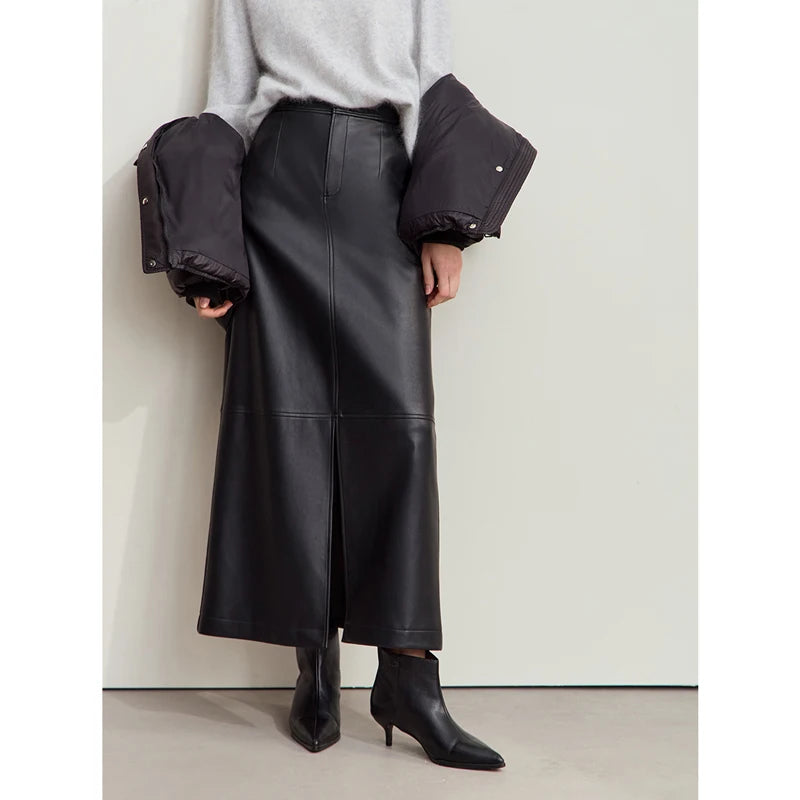 AMII Minimalist Women's Retro Leather Skirts Eco-friendly PU Split A-line Female 2024 Winter Simple Commuter Clothing 12444182