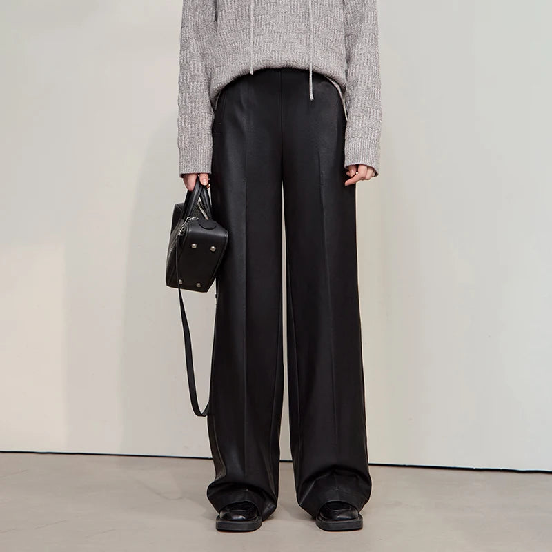 AMII Pants For Woman 2025 Winter New Minimalist Commuter PU Leather  Loose Wide-leg Pants Casual Office Lady Trousers 12524063