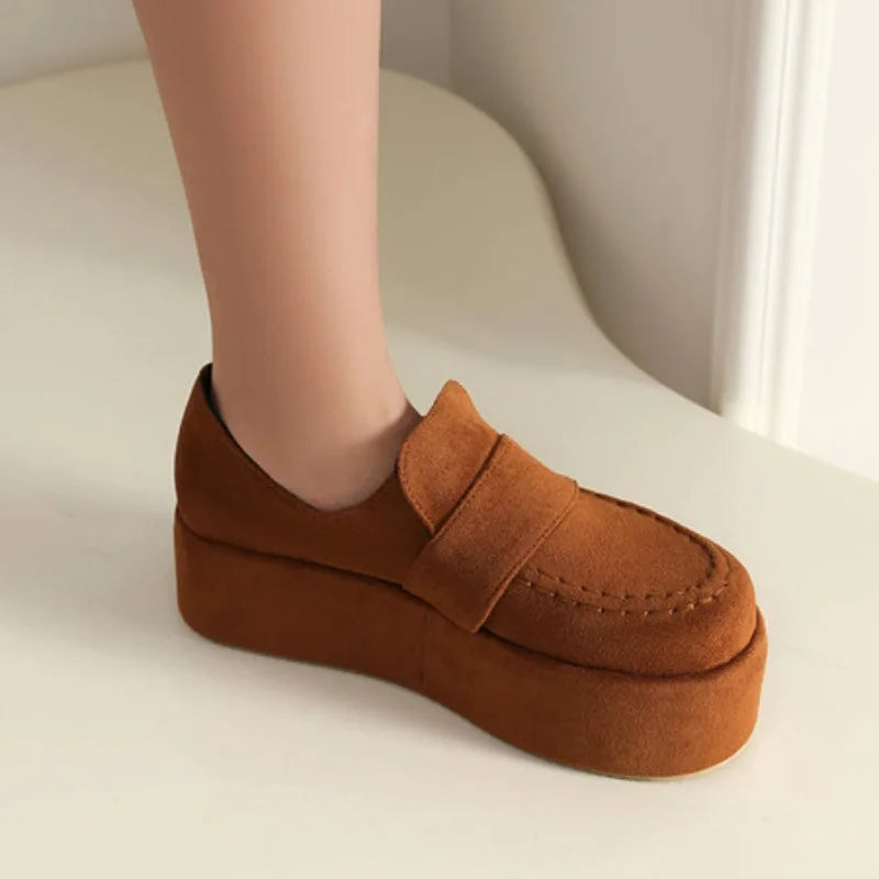 2025 Leisure Women Pumps Flock Suede Round Toe Thick Heels 5cm Platform Hill Plus Size 43 44 45 Slip on Daily Shoes