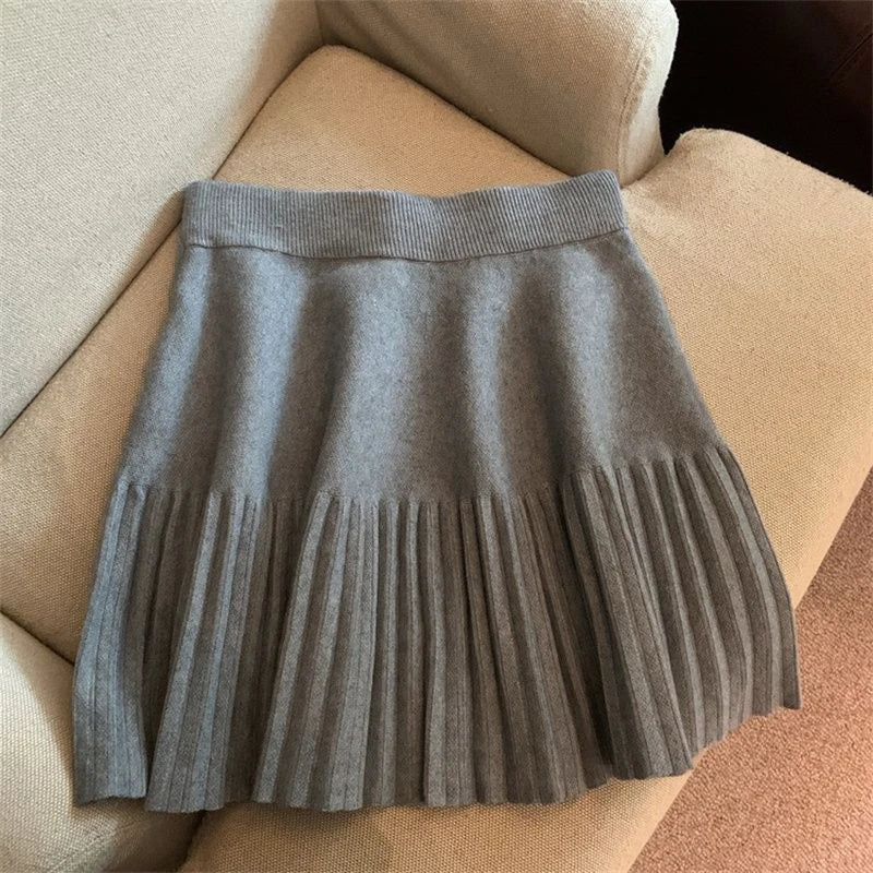 Pleated Mini Skirts Korean Sweet Knitted Skirts Sweet Elastic Waist Ladies Casual Youthful For Women's Clothes Solid Fashion New