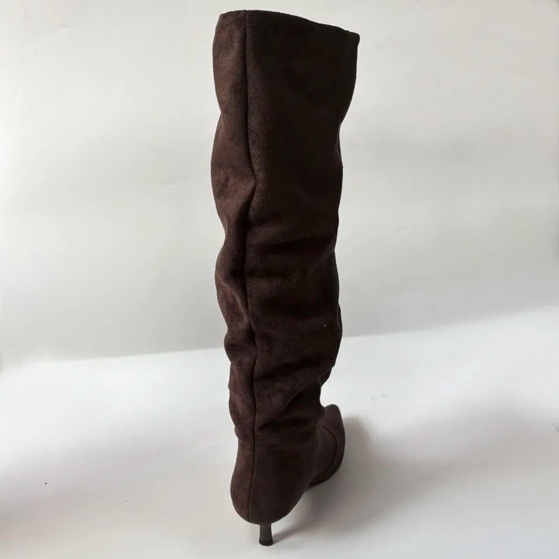 2026 New Fashion Pleated Footwear With Low Heel Shoes Women Knee High Boots Female Pointed Toe Ladies Long Booties Slip On Shoes