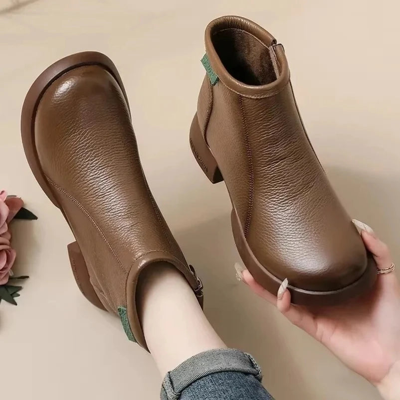 2025 Retro Style Elegant Premium Genuine Leather Boots Single Shoes Popular Plus Velvet Winter Boots Women Shoes Boots
