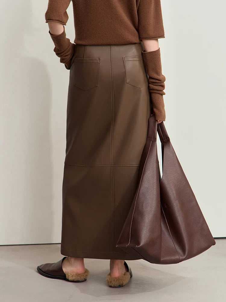 AMII Minimalist Women's Retro Leather Skirts Eco-friendly PU Split A-line Female 2024 Winter Simple Commuter Clothing 12444182