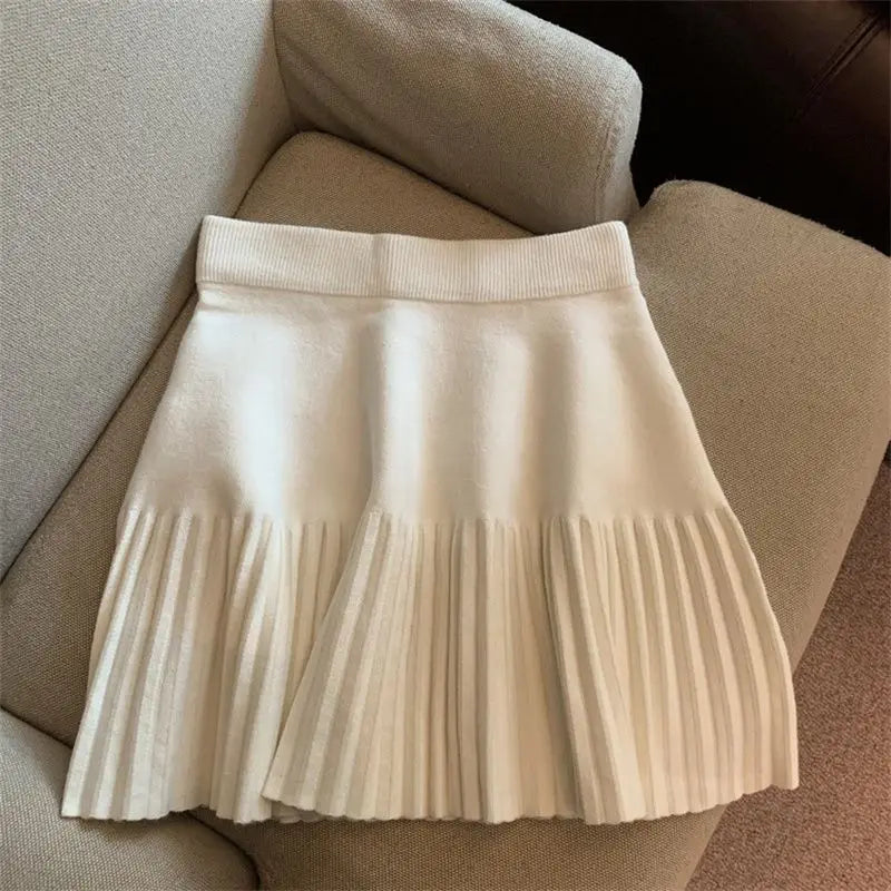 Pleated Mini Skirts Korean Sweet Knitted Skirts Sweet Elastic Waist Ladies Casual Youthful For Women's Clothes Solid Fashion New