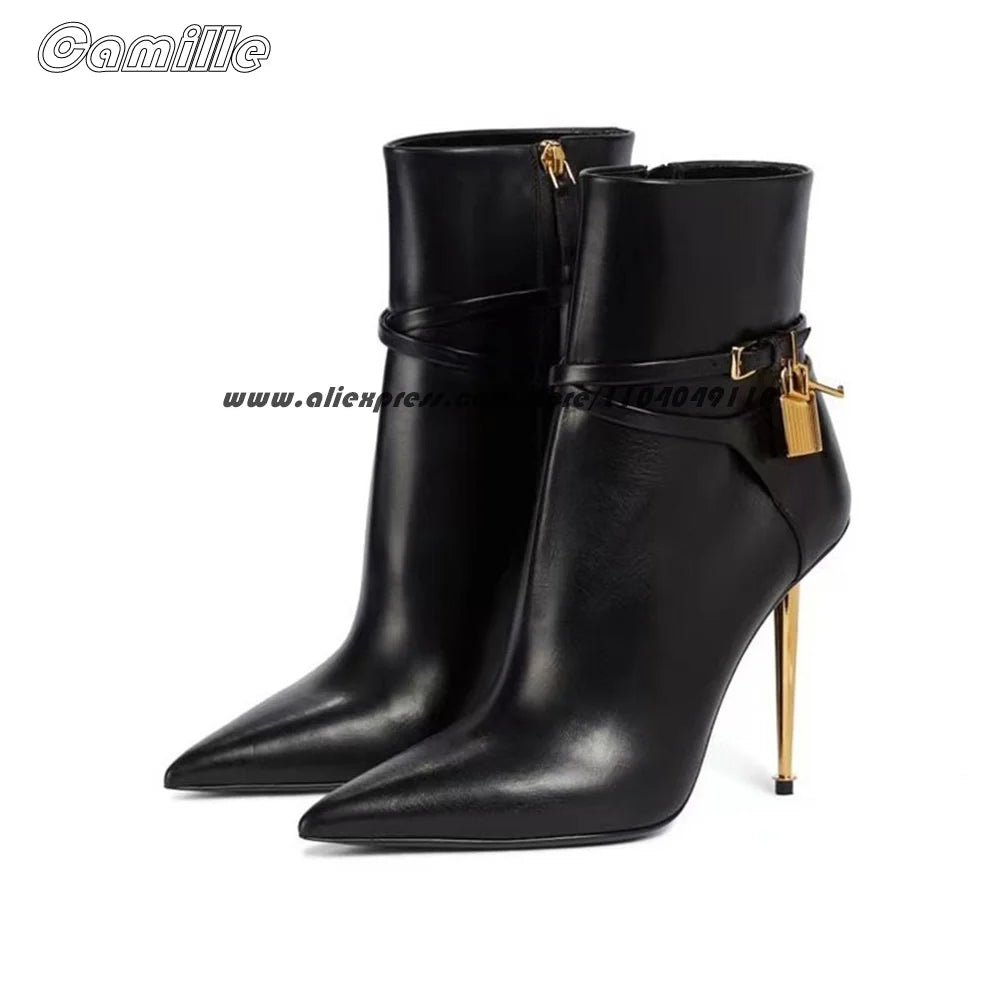 Black Metal Heel With Lock Office Lady High Heel Boots Pointed Toe Sexy Ankle Boots Size 35-43 Side Zipper All-Match Lady Boots