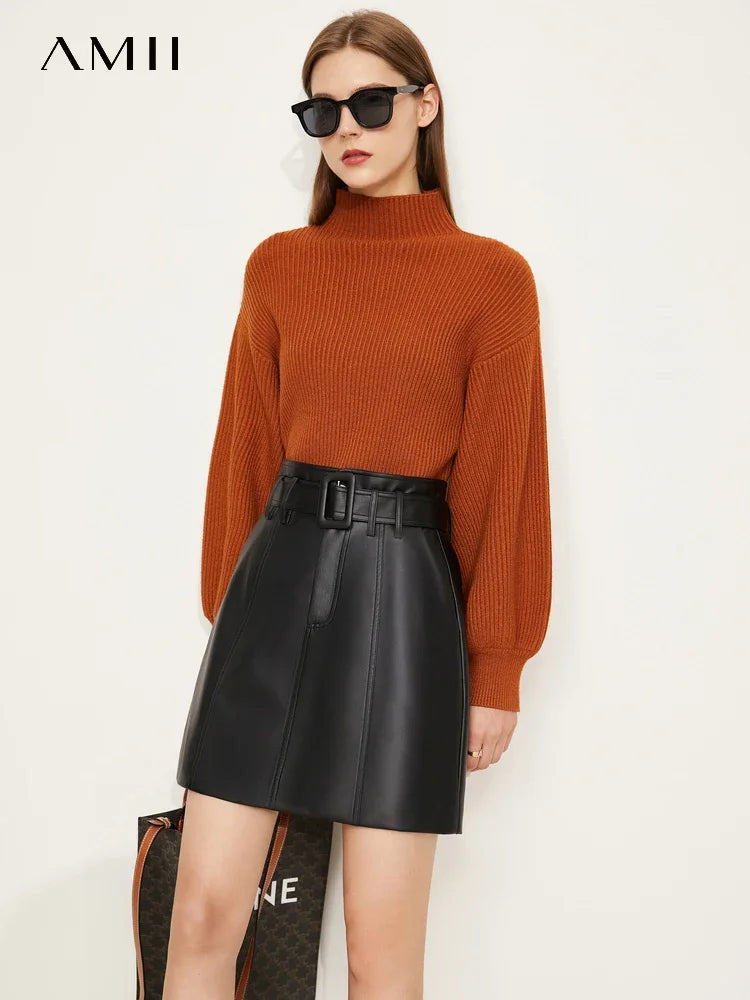 AMII Minimalism Sweaters Women 2025 Winter New Fashion Solid Casual Mock Neck Loose Lantern Sleeve Pullover Knitted Top 12241241