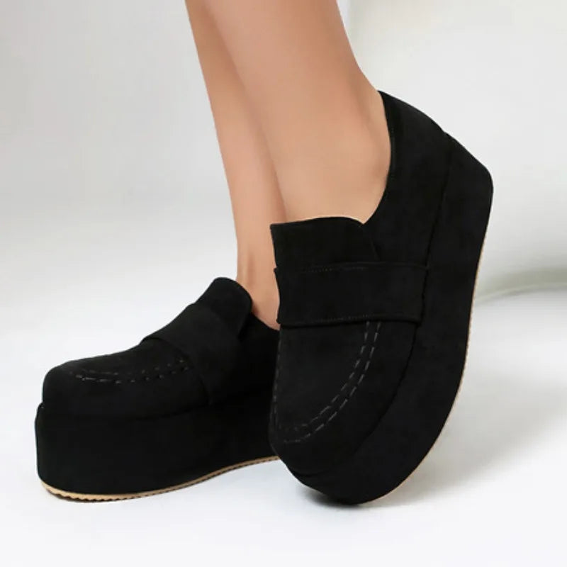 2025 Leisure Women Pumps Flock Suede Round Toe Thick Heels 5cm Platform Hill Plus Size 43 44 45 Slip on Daily Shoes